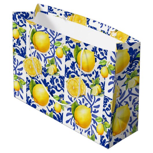 Grand Sac Cadeau Blue White Lemon Tile Pattern Mediterranean Citrus (Dos Angle)