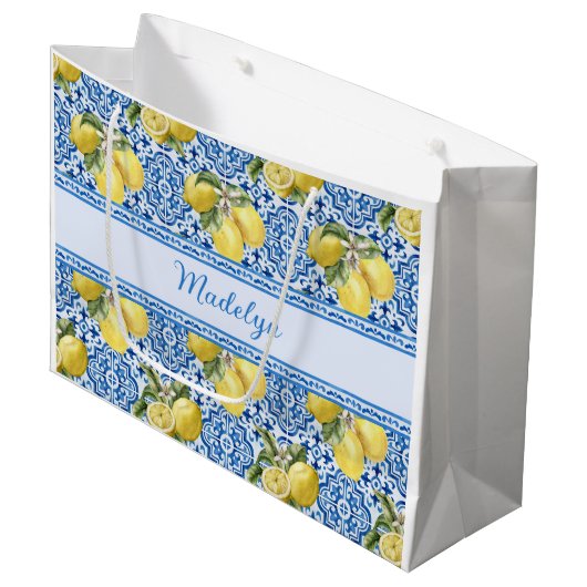 Grand Sac Cadeau Blue White Tile Lemon Mediterranean Pattern Name (Devant Angle)