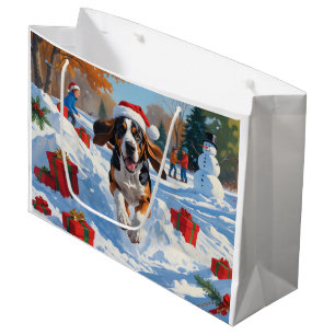 Grand Sac Cadeau Bluetick Coonhound courant dans la neige avec Noël
