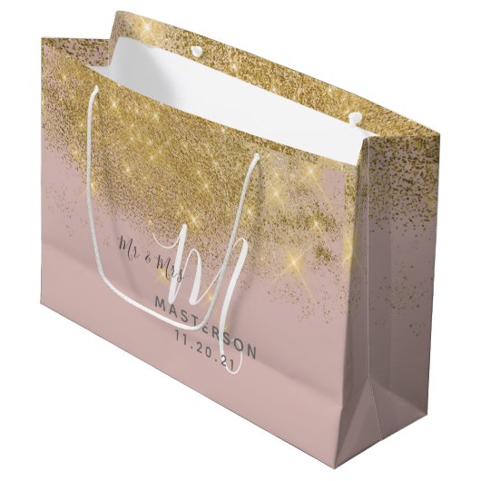 Grand Sac Cadeau Blush Chic | Mariage à Monogramme avec Paillettes  (Devant Angle)