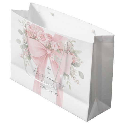Grand Sac Cadeau Blush Pink Bow Floral First Holy Communion (Devant Angle)