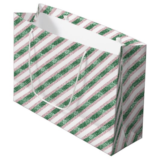 Grand Sac Cadeau Blush Pink Green Glitzy Stripes Christmas (Devant Angle)