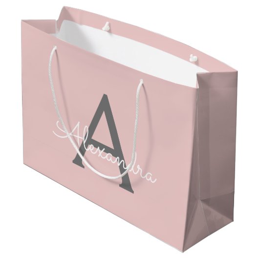 Grand Sac Cadeau Blush Pink Grey Modern Script Girly Monogram (Dos Angle)