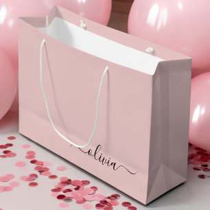 Grand Sac Cadeau Blush Rose Noir Moderne Écriture Féminine Monogram