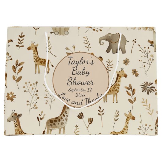 Grand Sac Cadeau Boho Blanc Beige Jungle Baby shower Animaux (Devant)
