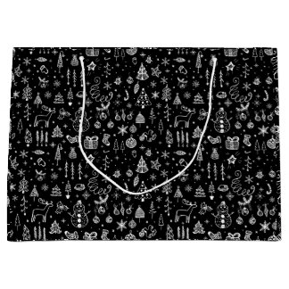 Grand Sac Cadeau Boho noir blanc brillant Arbres de Noël Snowman