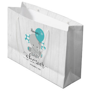 Grand Sac Cadeau Bois et éléphant Turquoise Baby shower neutre genr