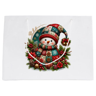 Grand Sac Cadeau Bonhomme de neige en patchwork de Noël