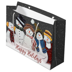 Grand Sac Cadeau Bonhommes de neige de Noël dans des flocons de nei