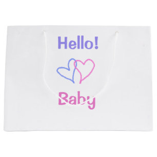 Grand Sac Cadeau Bonjour bébé rose violet cœur aquarelle boho