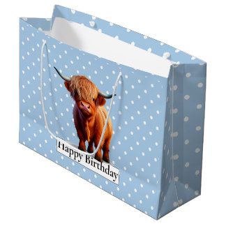 Grand Sac Cadeau BONJOUR D'ANNIVERSAIRE Bleu LONGUE VACHE À CHEVEUX