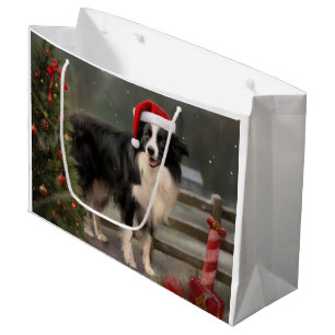 Grand Sac Cadeau Border Collie dans la neige à Noël