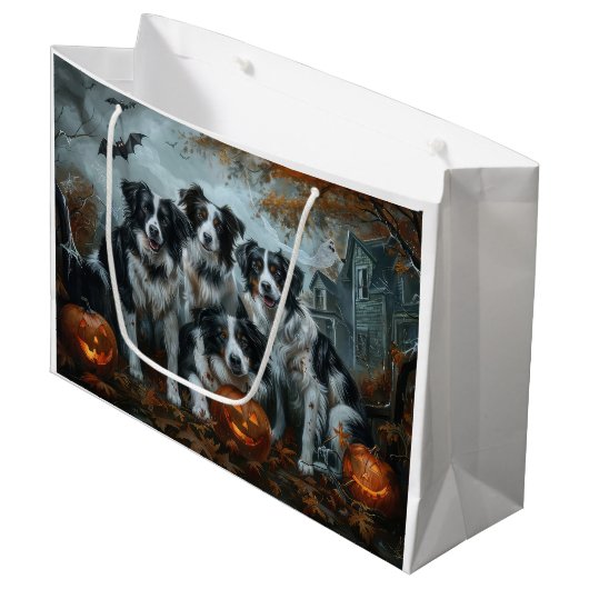Grand Sac Cadeau Bordure Collie Halloween nuit Chien ravir (Devant Angle)