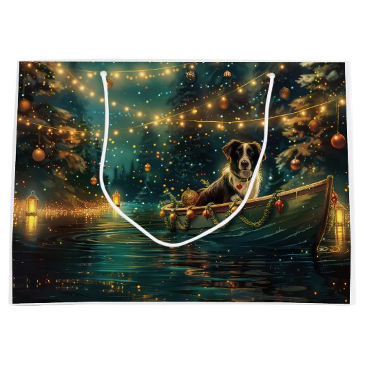 Grand Sac Cadeau Bordure Collie Noël Festive Voyage (Devant)