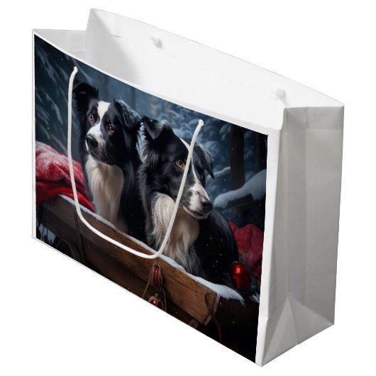 Grand Sac Cadeau Bordure Collie Snowy Sleigh Décor de Noël (Devant Angle)