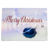 Grand Sac Cadeau Boules de Noël Bleu Blanc, Joyeux Noël (Devant)
