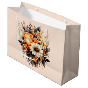 Grand Sac Cadeau Bouquet de fleurs gris jaune orange Anniversaire