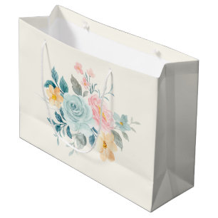Grand Sac Cadeau Bouquet de fleurs rose et bleu élégant