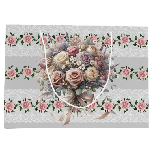 Grand Sac Cadeau Bouquet de mariée aux roses roses (Dos)