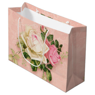 Grand Sac Cadeau Bouquet rose et rose blanche