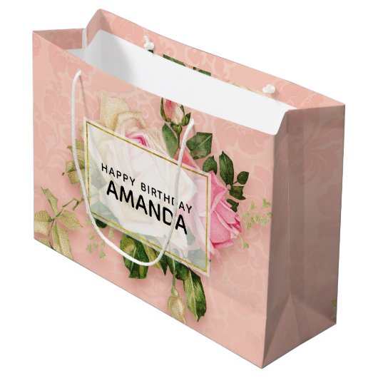 Grand Sac Cadeau Bouquet Rose & Rose Blanc Anniversaire (Devant Angle)