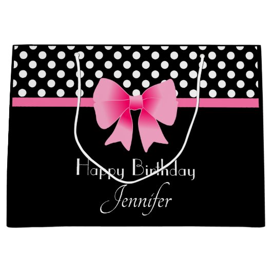 Grand Sac Cadeau Bow Rose Noir Et Blanc Pois Anniversaire (Devant)