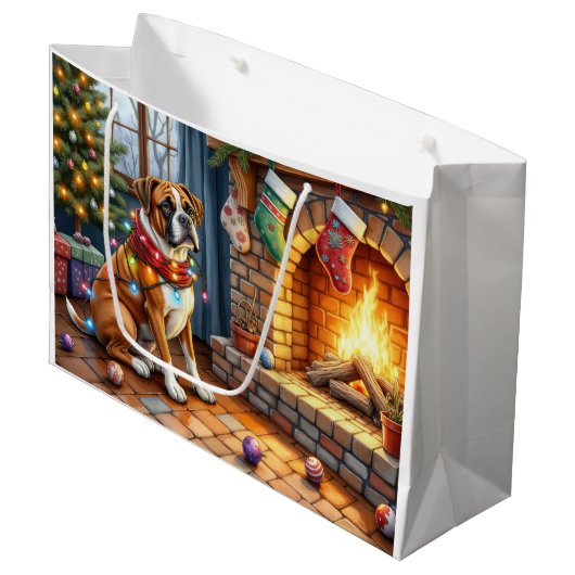 Grand Sac Cadeau Boxer Sitting by Fireplace with Christmas Lights (Devant Angle)