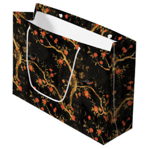 Grand Sac Cadeau Branches et fleurs dorées inspirées du Japon