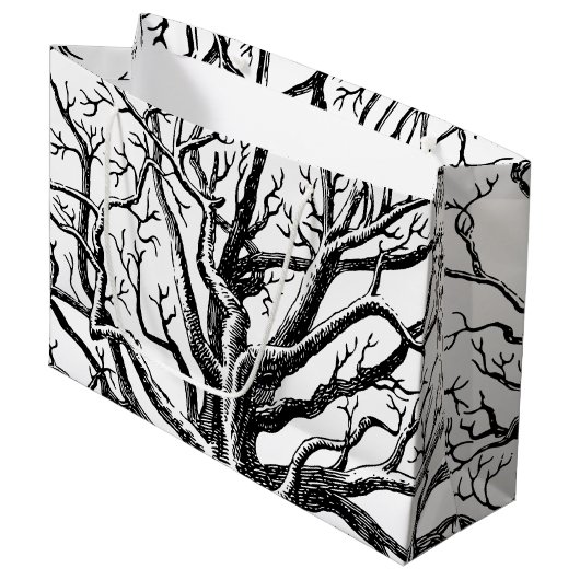 Grand Sac Cadeau Branches rustiques Abstraites en noir et blanc (Devant Angle)