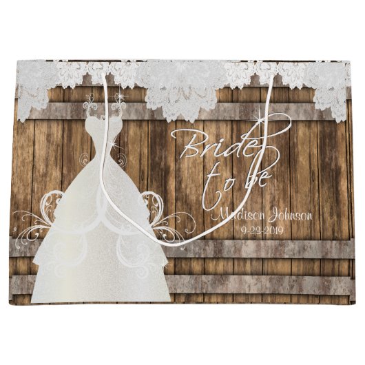 Grand Sac Cadeau Bride to Be - Rustic Bois Barrel and Lace Design (Devant)