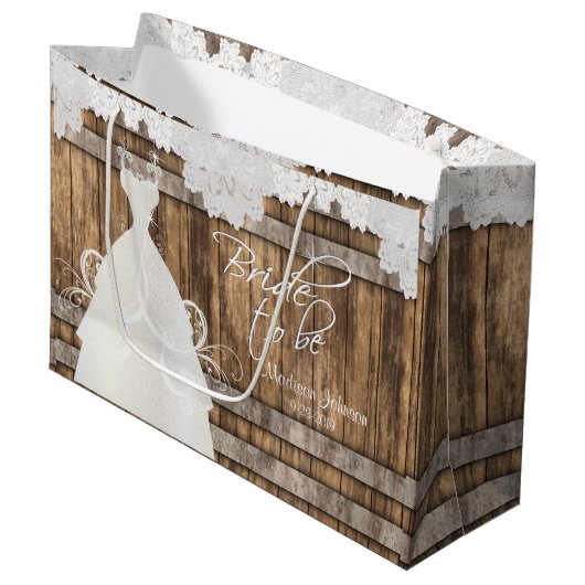 Grand Sac Cadeau Bride to Be - Rustic Bois Barrel and Lace Design (Devant Angle)