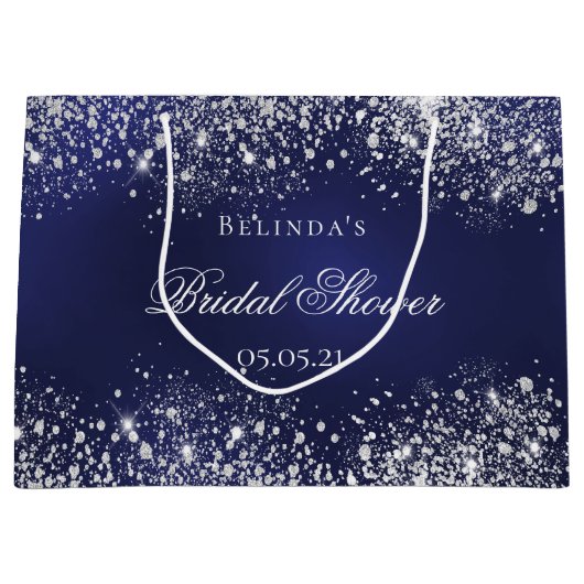 Grand Sac Cadeau Bridesmaid marine bleu argent nom mariage (Devant)