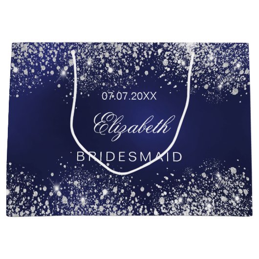 Grand Sac Cadeau Bridesmaid royal bleu argent nom mariage (Devant)