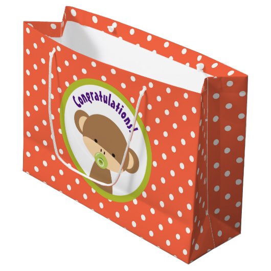 Grand Sac Cadeau Brown singe-bébé avec Pacifier Félicitations (Devant Angle)