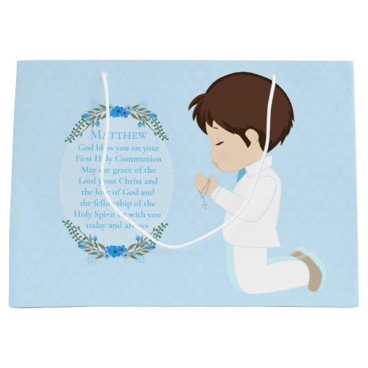 Grand Sac Cadeau Brunette Boy Premier Cadeau de communion (Devant)