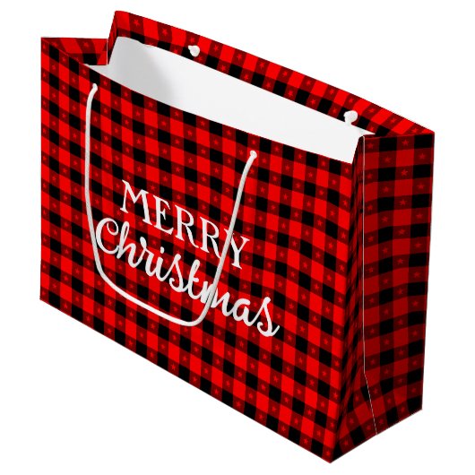Grand Sac Cadeau Buffalo Plaid Avec Étoiles Rouge Noir Joyeux Noël (Devant Angle)