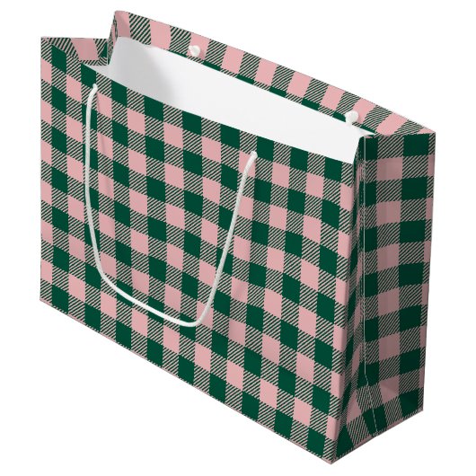 Grand Sac Cadeau Buffalo Plaid Christmas Holiday Vert & Rose (Devant Angle)