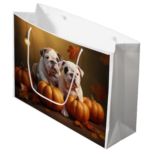 Grand Sac Cadeau Bulldog Chiot Automne Citrouille de plaisir (Devant Angle)