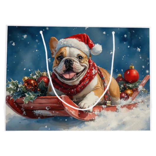 Grand Sac Cadeau Bulldog dans Sledge Let it Neige Noël (Dos)