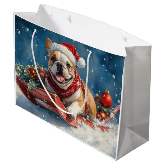 Grand Sac Cadeau Bulldog dans Sledge Let it Neige Noël (Dos Angle)