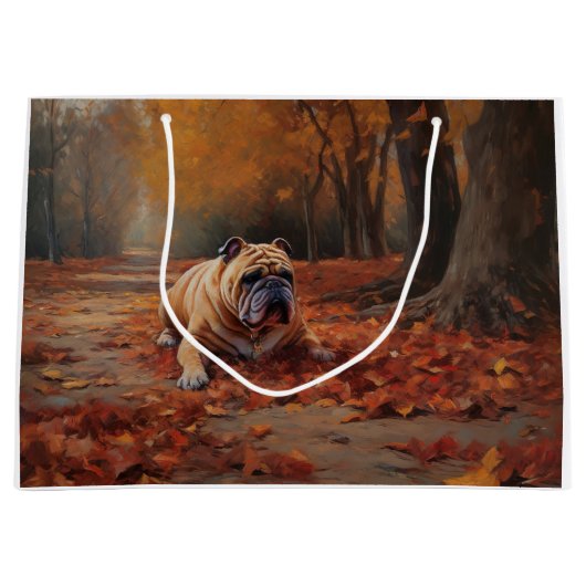Grand Sac Cadeau Bulldog en automne Feuilles automne Inspire (Devant)