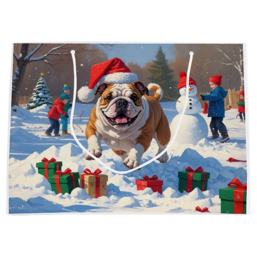 Grand Sac Cadeau Bulldog Noël Festival scène de neige (Devant)