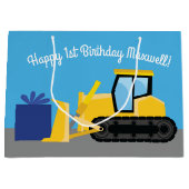 Grand Sac Cadeau Bulldozer Cute 1er Anniversaire Fête Construction (Devant)