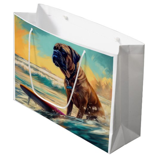 Grand Sac Cadeau Bullmastiff Beach Surfing Peinture (Devant Angle)