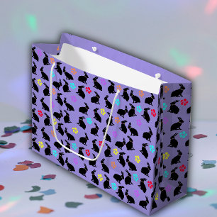 Grand Sac Cadeau Bunch de lapins en silhouette noire Fleurs violett