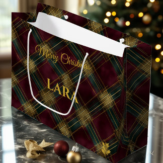 Grand Sac Cadeau Burgundy, Vert et Or Plaid croisé sur mesure