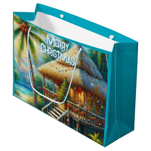 Grand Sac Cadeau Cabane Tropicale Noël Palm Tree Beach Lumières (Devant Angle)