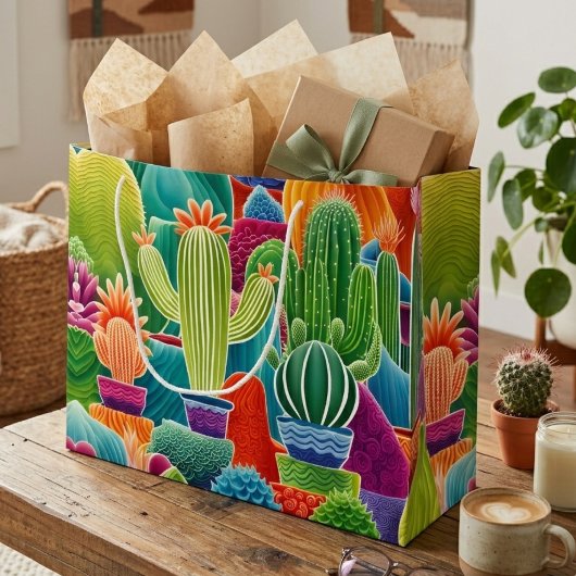 Grand Sac Cadeau Cactus en pot abstrait