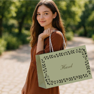 Grand Sac Cadeau Cadre Minimaliste Botanique d'Automne Vert Sauge V