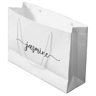 Grand Sac Cadeau Calligraphie Féminine Minimaliste Monogramme Blanc